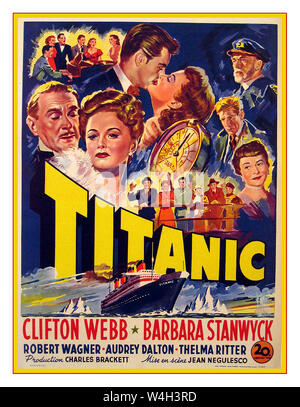 Vintage 1950's movie poster for Titanic a 1953 American drama film directed by Jean Negulesco. Its plot centers on an estranged couple sailing on the maiden voyage of the RMS Titanic, which took place in April 1912. Starring Clifton Webb Barbara Stanwyck Robert Wagner Audrey Dalton Thelma Ritter Produced by Charles Brackett Stock Photo