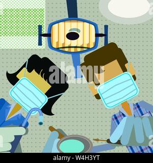 Dentist & dental assistant in masks seen from the patient POV working on a patient with the dental lights seen on the ceiling Stock Vector