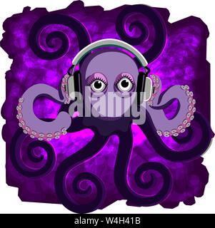 Cool 8 legged octopus wide eyed wearing a pair of sound dampening headlphones hold it's hands to the headphone speakers Stock Vector