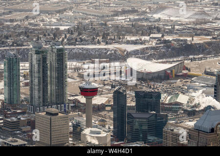 Aerial view of downtown east Calgary Alberta with the Saddledome in the background. Stock Photo