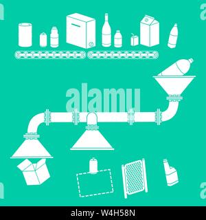 linear drawings of a converyor bel transfering, processing dropping applying distribution,to various products forms & shapes vector Stock Vector