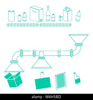 linear drawings of a converyor bel transfering, processing dropping applying distribution,to various products forms & shapes vector Stock Vector