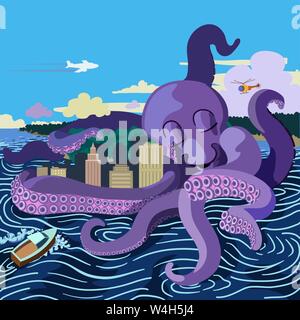 A giant octopus hugging a city creates turbulent waters as a jet airliners flies by, a helicopter looks on and a boat rashes against the waves. Stock Vector