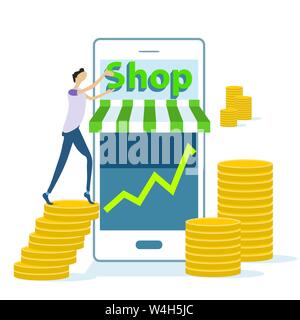 Man standing on stack of coins hanging sign opening an online store or shop Stock Vector
