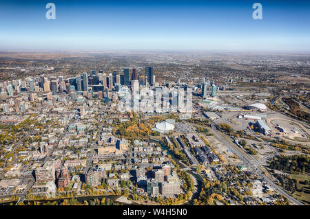 Aerial view of the city of Calgary, Alberta Canada featuring the Saddledome and Stampede grounds. Stock Photo