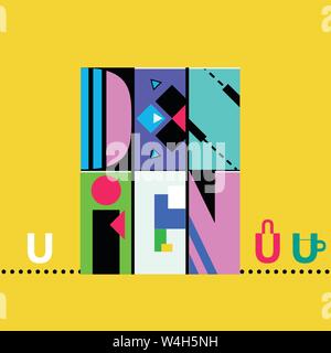 The word "design" as a design graphic with each letter decorated & made up of basic shapes & forms Stock Vector