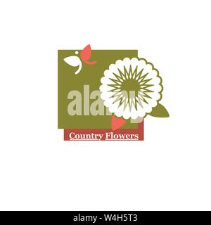 Geometric stylized round daisy or sun flower flowerhead & leaf shaped flying butterflies with the words Country Flowers written below it. Stock Vector