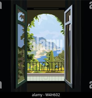 Villa window view looking at the trees in the forground out to a tourist view of the ocean Stock Vector