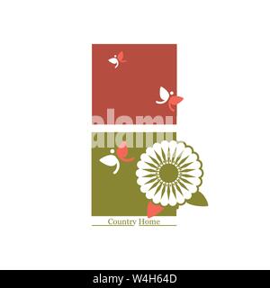 Country quilt home logo with sun flower & three butterfliesextending through 2 squares Stock Vector