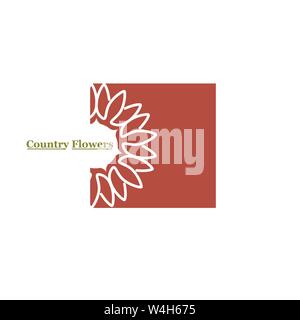 Geometric stylized round daisy or sun flower flowerhead & leaf shaped flying butterflies with the words Country Flowers written below it. Stock Vector