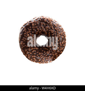 Chocolate donut with nut sprinkle. Isolated image on white background, close-up. Stock Photo