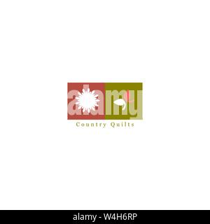 square shaped country quilt logo with flower & butterflies or leaves in a second square Stock Vector