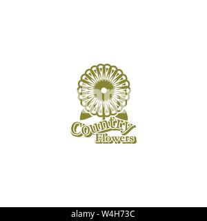 Geometric stylized round daisy or sun flower flowerhead & leaf shaped flying butterflies with the words Country Flowers written below it. Stock Vector