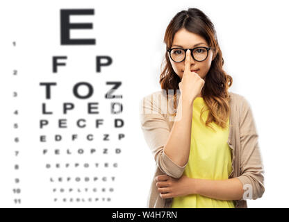 woman in glasses or student over eye test chart Stock Photo