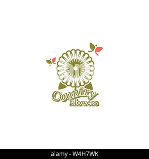 Geometric stylized round daisy or sun flower flowerhead & leaf shaped flying butterflies with the words Country Flowers written below it. Stock Vector
