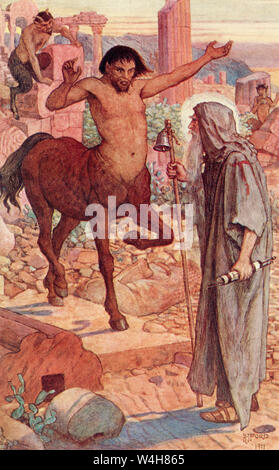 St. Anthony meets a centaur and a satyr during his journey through the desert to find Saint Paul of Thebes.  Saint Anthony or Antony, 251 – 356.  Christian monk from Egypt.  From The Book of Saints and Heroes, published 1912 Stock Photo