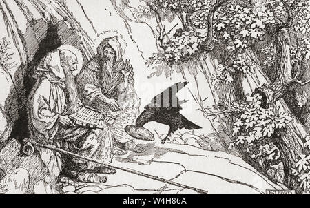 The raven who brought bread to St. Anthony and St. Paul of Thebes.   Saint Anthony or Antony, 251 – 356.  Christian monk from Egypt.   St. Paul of Thebes, aka Paul, the First Hermit or St. Paul the Anchorite, c. 226/7-c. 341. The first Christian hermit.   From The Book of Saints and Heroes, published 1912 Stock Photo