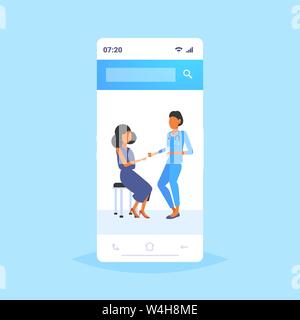 female doctor giving pill and glass of water to woman patient pharmacist offering pills medication healthcare concept smartphone screen mobile Stock Vector