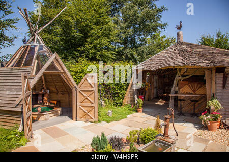 The Wagon and the Wigwam hot tub tiny house holiday guest accommodation, Hattingley, Medstead, Alton, Hampshire, England, United Kingdom. Stock Photo