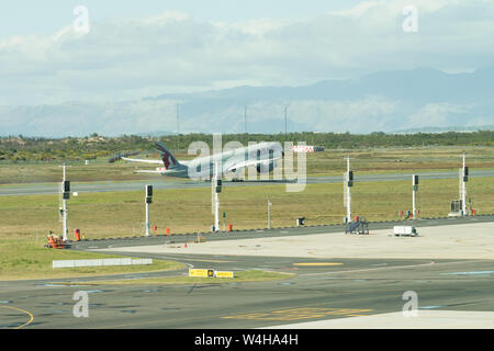 Qatar airlines on the runway taking off from Cape Town International airport in South Africa Stock Photo