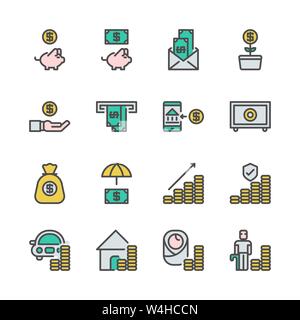 Saving money and investment in colorline icon set.Vector illustration Stock Vector