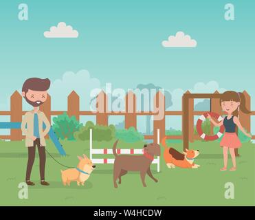 young couple with cute little dogs mascots in the field vector illustration design Stock Vector