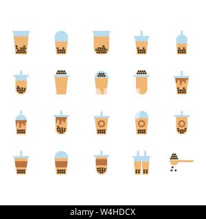 Bubble milk tea in flat icon set.Vector illustration Stock Vector