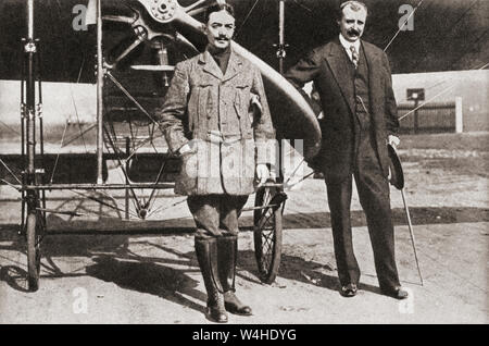 Monsieur Pegoud, left, and Monsieur Blériot, right, seen here at Brooklands flying school, Surrey, where the former had demonstrated his loop the loop in 1913.  Adolphe Célestin Pégoud, 1889 – 1915.  French aviator and flight instructor, the first fighter ace in history during World War I.   Louis Charles Joseph Blériot, 1872 – 1936.  French aviator, inventor and engineer.  From The Pageant of the Century, published 1934. Stock Photo