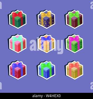 Set of nine gift boxes. Bright multi-colored boxes tied with satin ribbons. To create icons on the site, in games, mobile applications. For scrapbooki Stock Vector