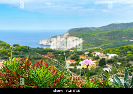 Greece, Zakynthos, Purple flower in beautiful paradise like landscape Stock Photo