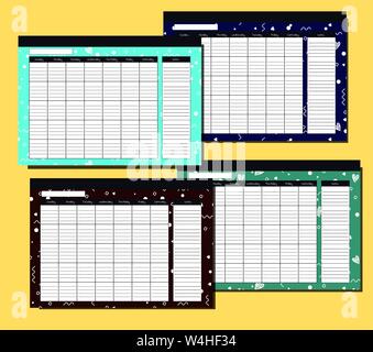 Set of endless glider with geometric pattern. Desk Calendar Template. Seven columns and a recording area. Four seasons. Blue, gray, brown background. Stock Vector