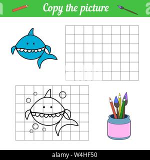 Shark coloring book Copy on the grid. With a sample of blue fish and bubbles. Leisure development. Game for children magazine. Cartoon sea life. Page of the worksheet. Vector illustration. Aquarium Stock Vector