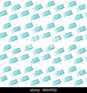 Seamless pattern on white background. Broken laptop. Breakdown Funny cartoon computer character with eyes closed and tongue hanging out. Sick and medication Needs help. Vector illustration for blog, website, booklet, banner Stock Vector