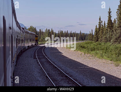 an excursion train in alaska leaving the denali station headed south showing train and train tracks going through the forest against a blue sky Stock Photo