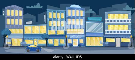 Flat vector night city landscape. Street with bright houses, signs, trees and benches, a car on the road. Horizontal view Stock Vector