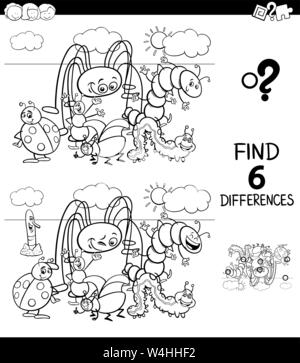 Black and White Cartoon Illustration of Finding Six Differences Between Pictures Educational Game for Children with Funny Insects Characters Coloring Stock Vector