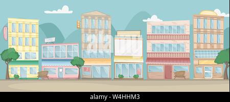 Flat vector city landscape. Street with bright houses, signs, trees and benches. Horizontal view Stock Vector