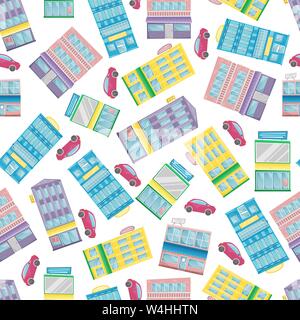 Seamless pattern with cartoon flat houses and cars. Flat cartoon background. Stock Vector