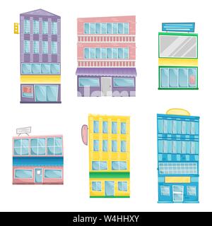 Set of flat vector buildings in cartoon style. Six bright architectural buildings with signs. Stock Vector