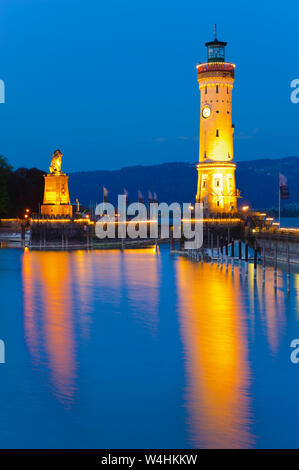 lighthouse tower at Port of city Lindau at lake Bodensee Stock Photo