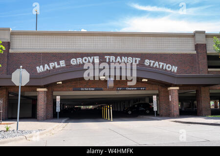 Maple Grove, Minnesota - July 21, 2019: Exterior of the Maple Grove Transit Station parking garage, used by commuters traveling to downtown Minneapoli Stock Photo
