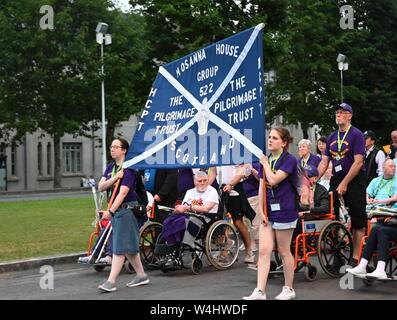 Pilgrims in the Marian procession in Lourdes, France Stock Photo