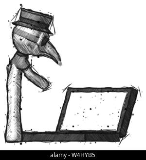 Sketch plague doctor man using large laptop computer side orthographic view. Stock Photo