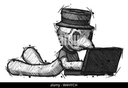 Sketch plague doctor man using laptop computer while lying on floor side angled view. Stock Photo