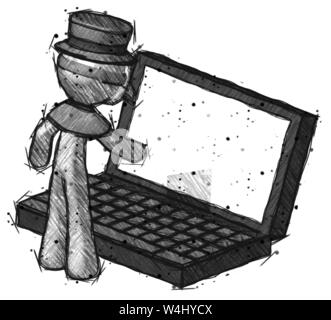 Sketch plague doctor man using large laptop computer. Stock Photo