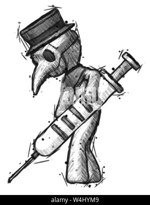 Sketch plague doctor man using syringe giving injection. Stock Photo