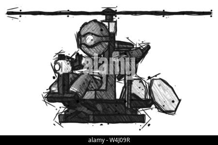 Sketch thief man flying in gyrocopter front side angle view. Stock Photo