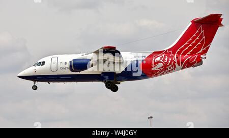 QinetiQ BAE Systems Avro RJ-70 arriving at RAF Fairford to take part in the static display at the 2019 Royal International Air Tattoo Stock Photo