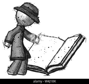 Sketch detective man reading big book while standing beside it. Stock Photo