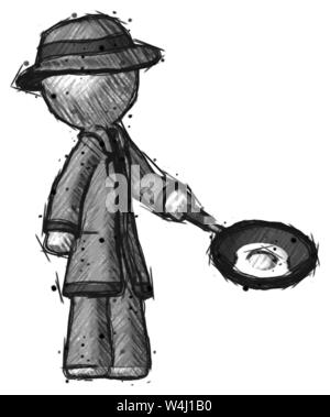 Sketch detective man frying egg in pan or wok facing right. Stock Photo